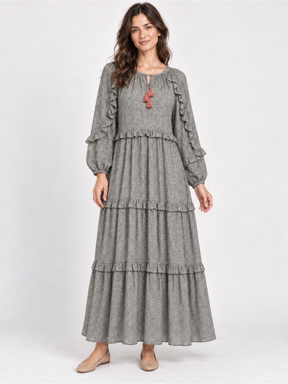 NWT New &Merci Boho Chiffon Tiered Grey Floral Maxi Dress Size L
